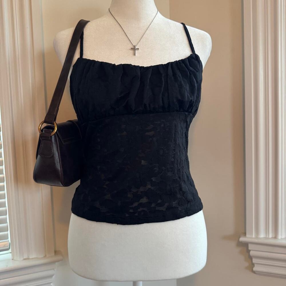 Forever21 black floral tank top with ruched detail